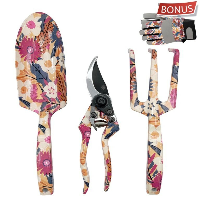 Essentials 3 Piece Garden Floral Tool Set Bonus Gloves, Trowel Pruner,Cultivator