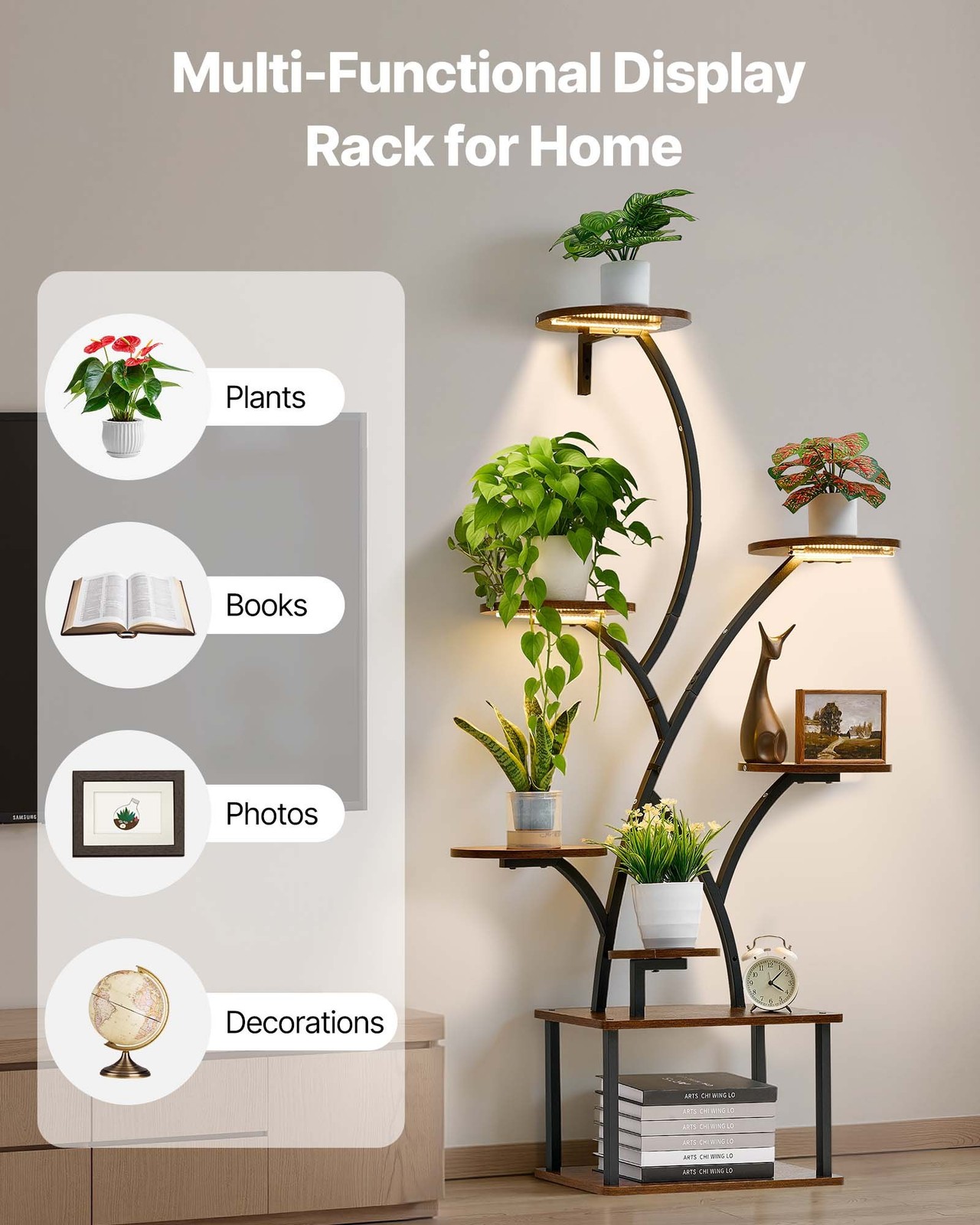 Plant Stand Indoor with Grow Lights, 62 in Tall 8-Tier Lighted Plant Shelf, Meta