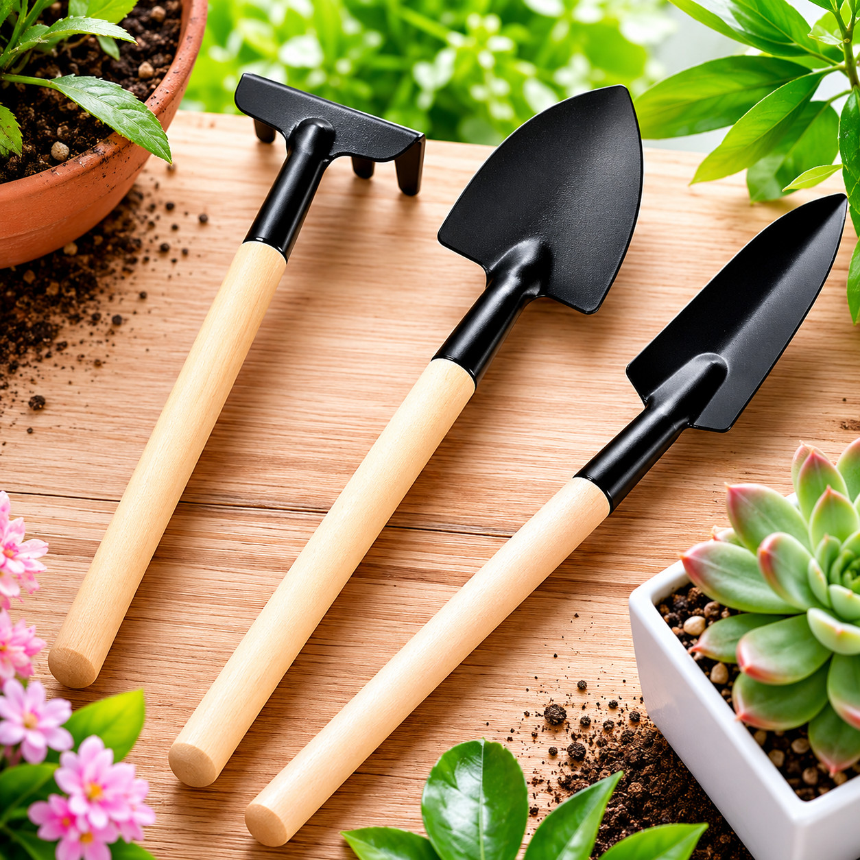3PCS Mini Garden Tool Set Hand Trowel Spade Rake Wooden Handle Kit