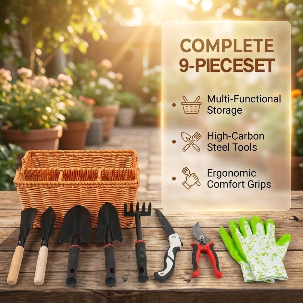 9Pcs Brown Stainless Garden Tools Basket Shears Gloves Gift Men Women