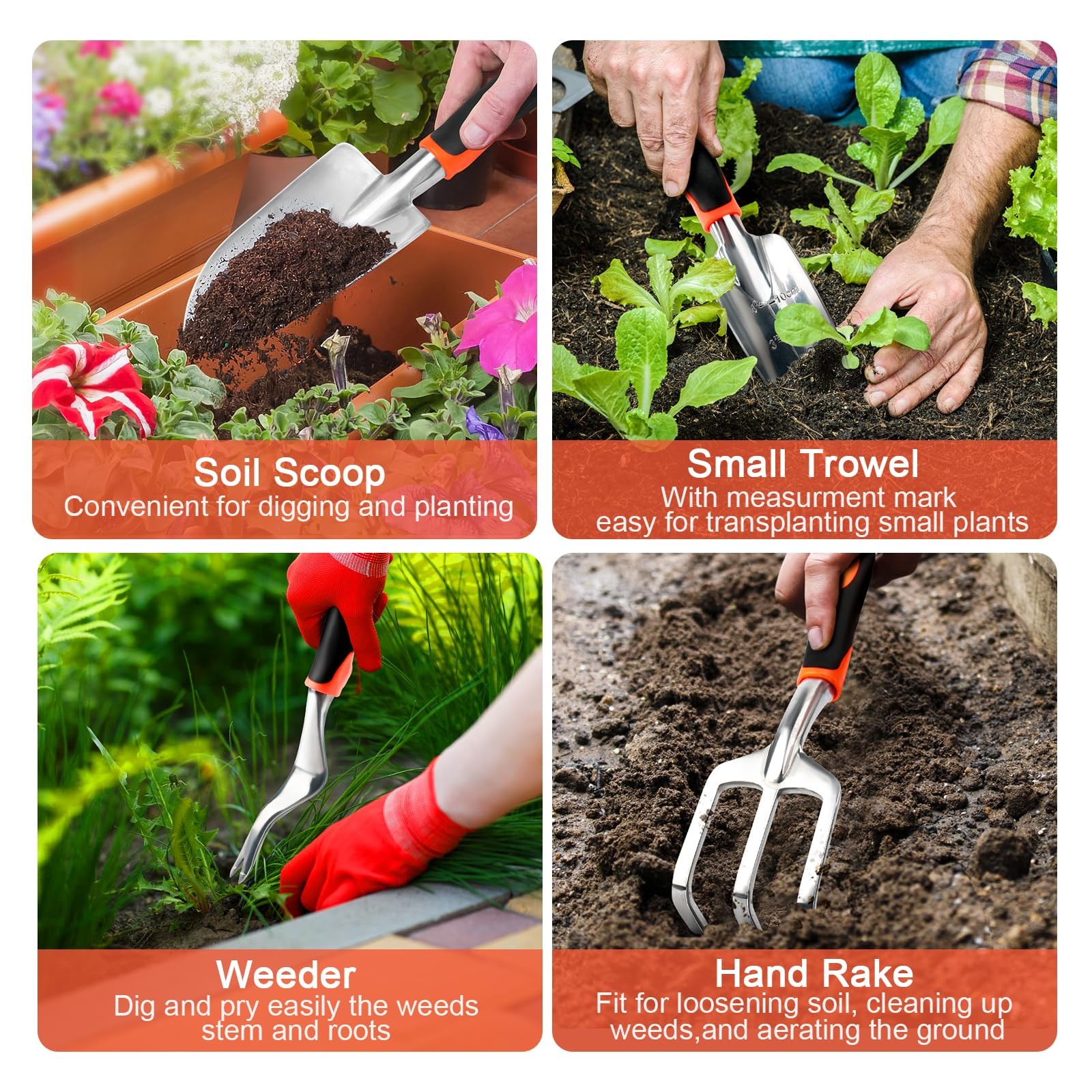 8 PCS Heavy Duty Garden Tool Set Non Slip Ergonomic Handle Storage Bag Orange