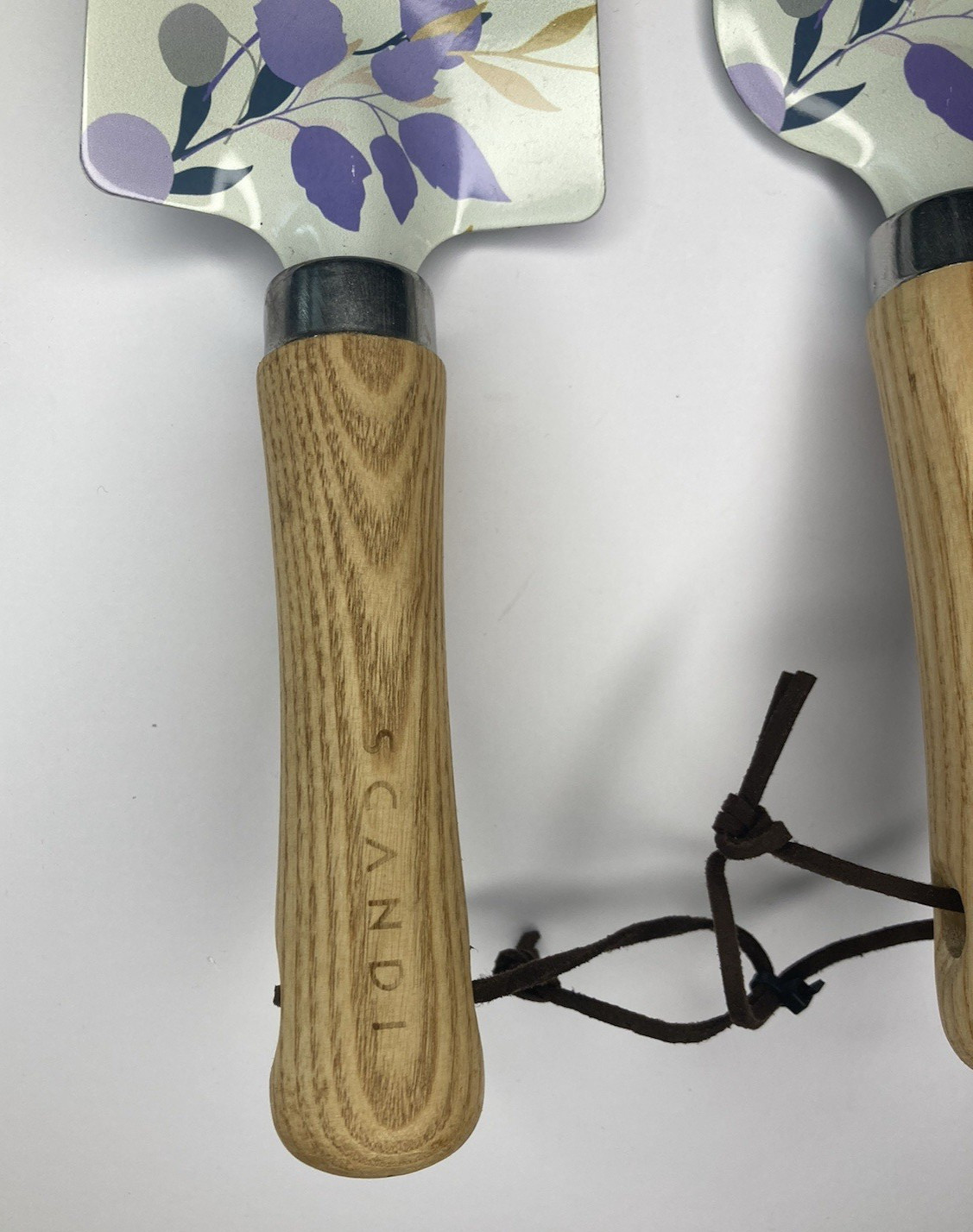 Scandi Garden Tool 2pc Set Wood Handle Painted Metal Leaves Botanical Print