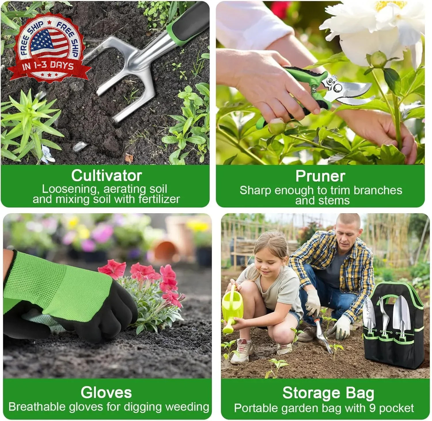 Garden Tools Set, 8 Piece Gardening Tools Set with Non Slip Ergonomic Handle, He