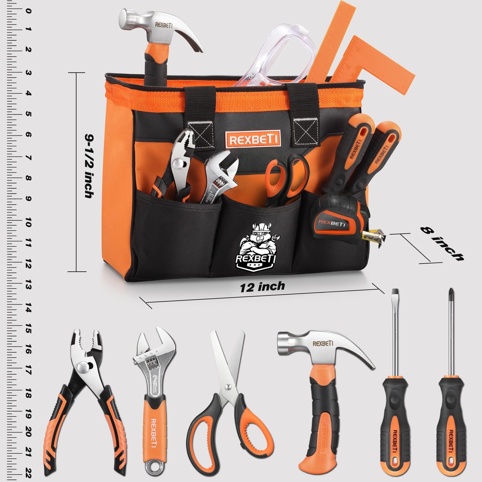REXBETI 10-Piece Kids Tool Set with Real Hand Tools, Orange Durable Storage B…