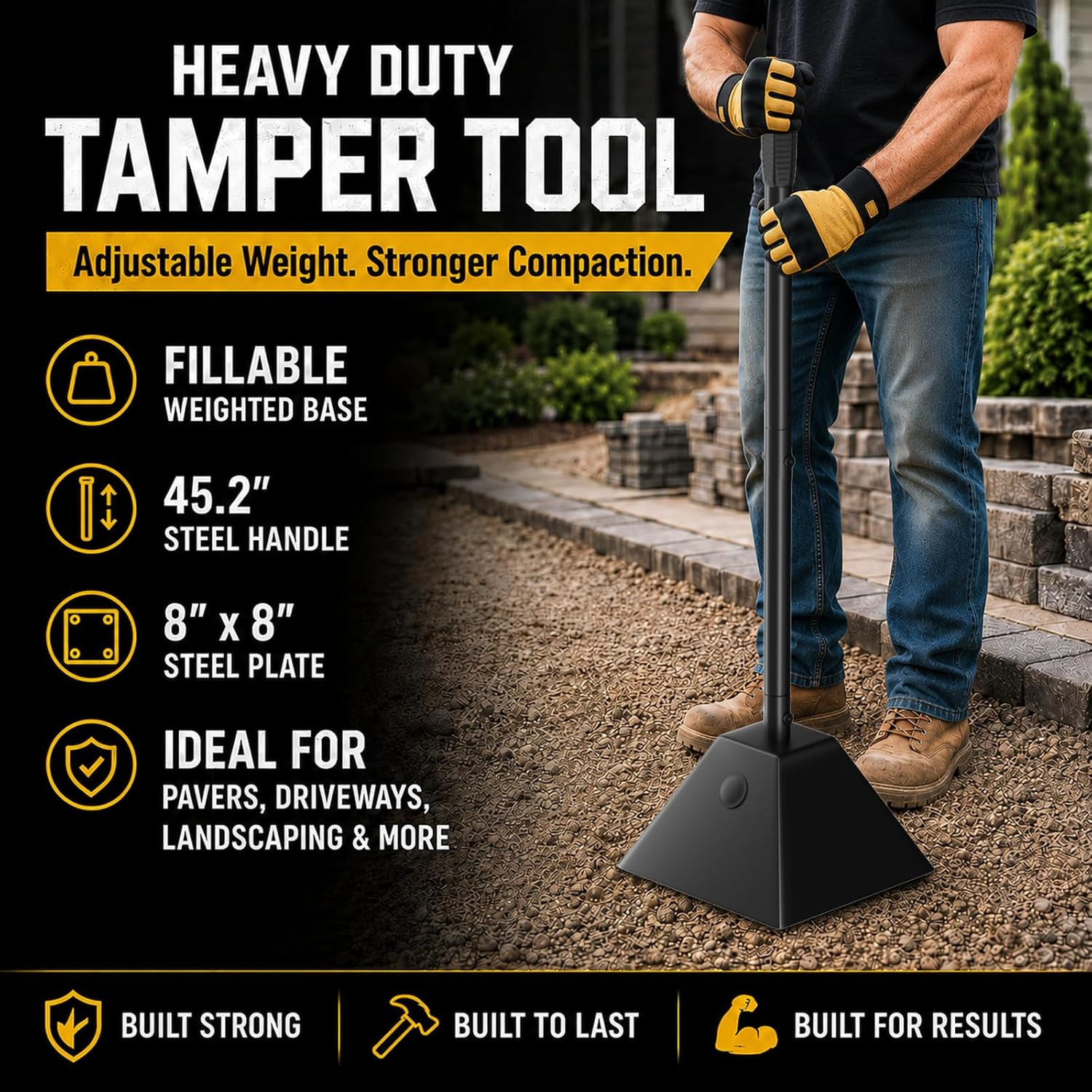 Heavy Duty Ground Tamper 8″x8″ – Up to 13LB Steel Tamper Tool for Pavers, Drivew