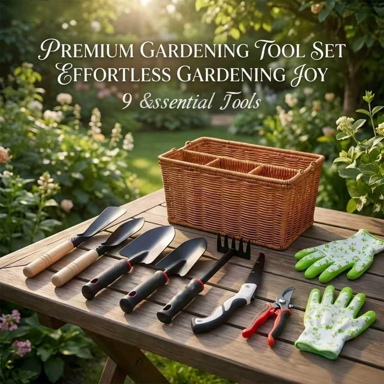 9PCS Garden Tools Set Stainless Steel Gardening Kit w Basket Gloves Pruners