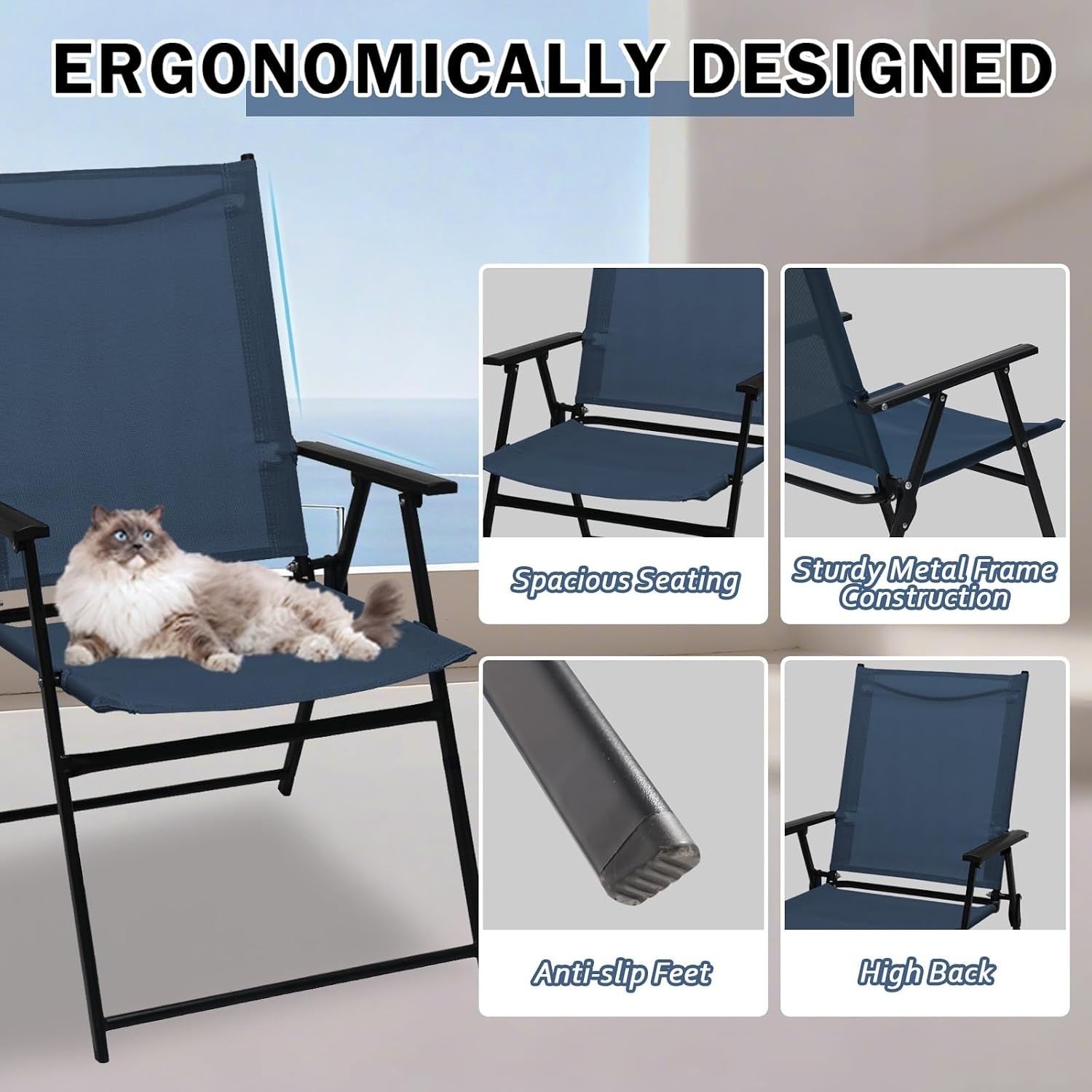 Folding Patio Chairs Set of 2 Stackable Outdoor Chairs with Armrests Backrest Po