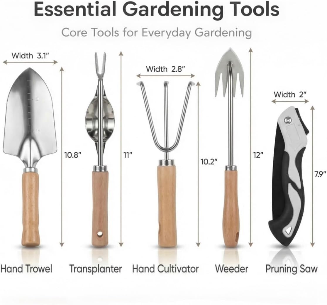 Wood Steel Garden Tool Set with Basket Apron Gloves Waste Bag