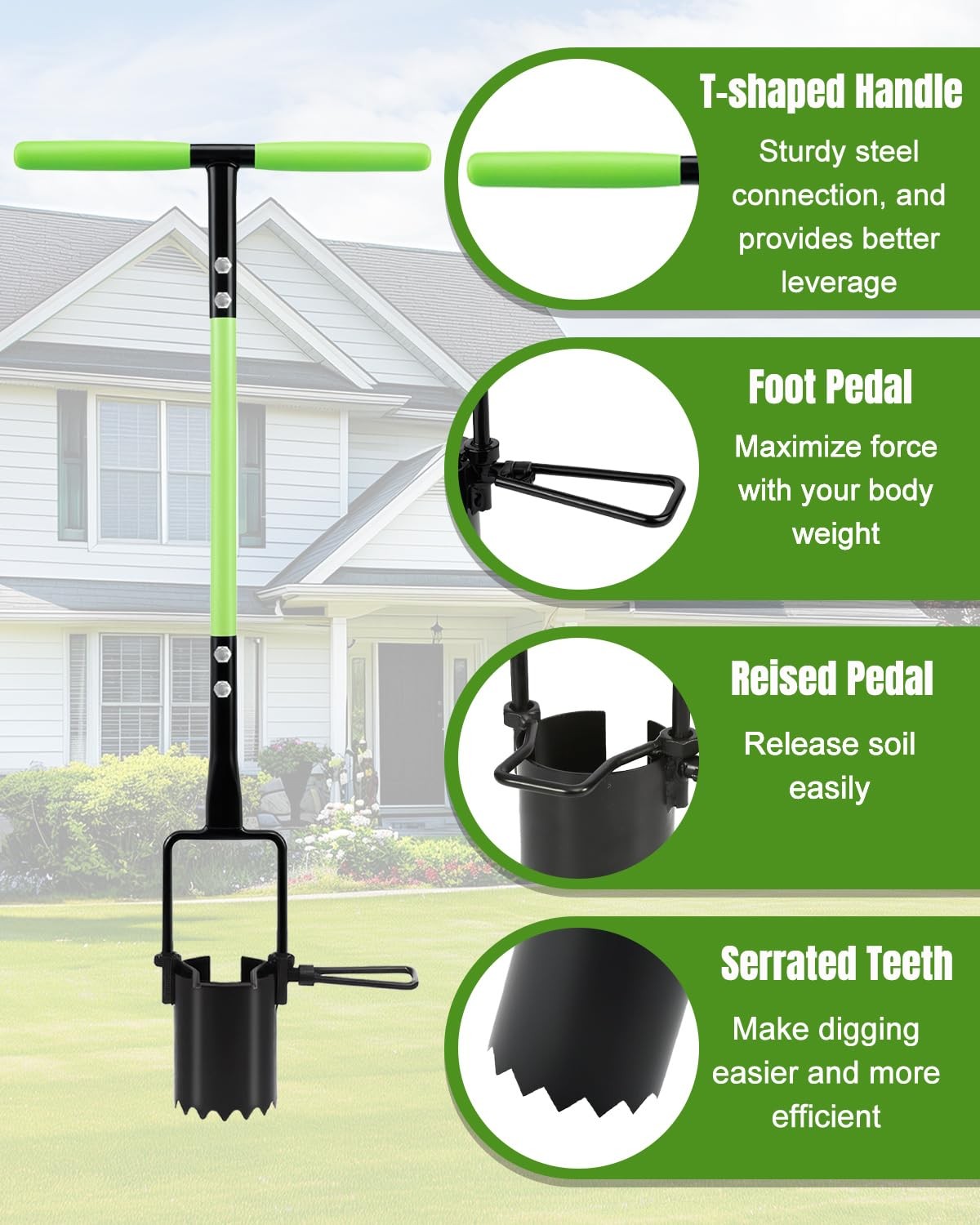 30in Long Handle Bulb Planter Tool, 5 in 1 Lawn Tool with Serrated Base