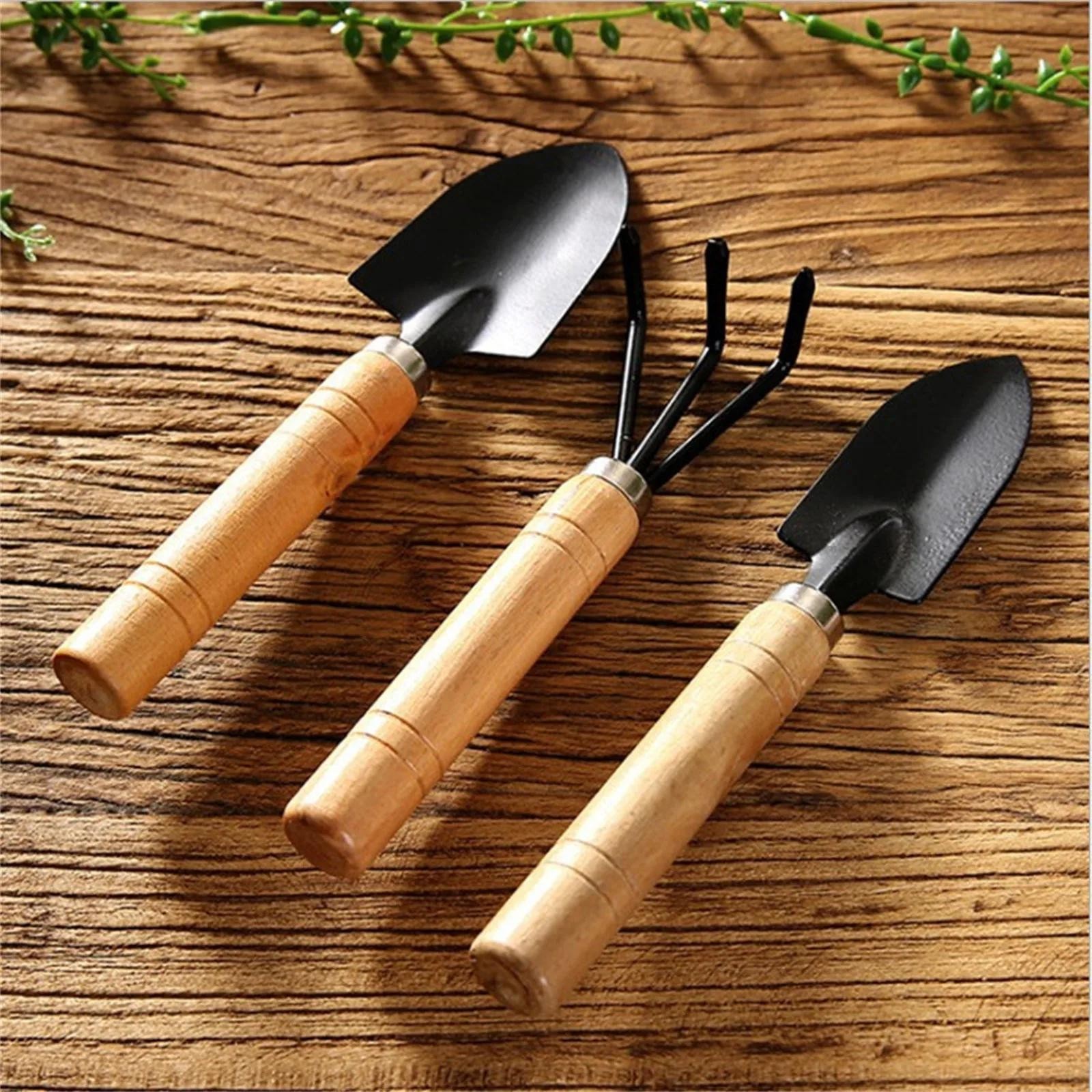 3PCS Mini Garden Tool Set Wooden Handle Trowel Rake Shovel for Succulents Bonsai