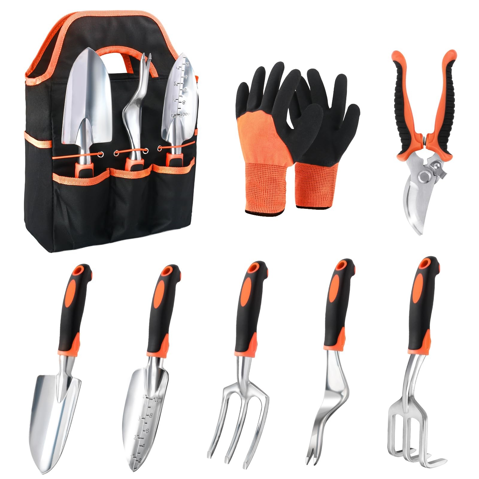 8 Piece Orange Garden Tools Set, Non-Slip Ergonomic Handle, Heavy Duty, Bag
