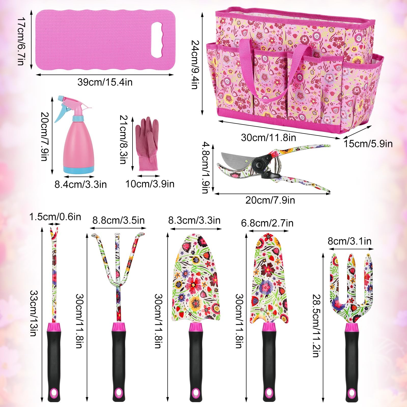 10~Piece Stainless Steel Garden Tool Set with Bag, Pink