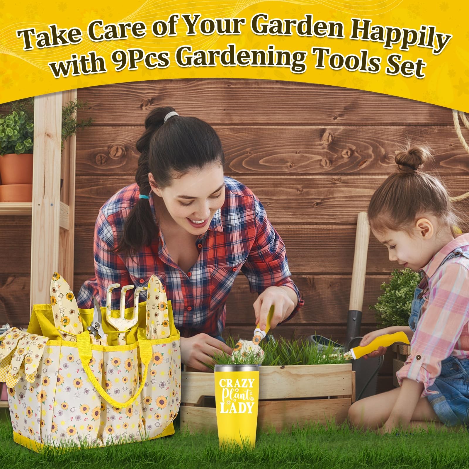 9~Piece Sunflower Gardening Tools Set for Women with Bag, Yellow