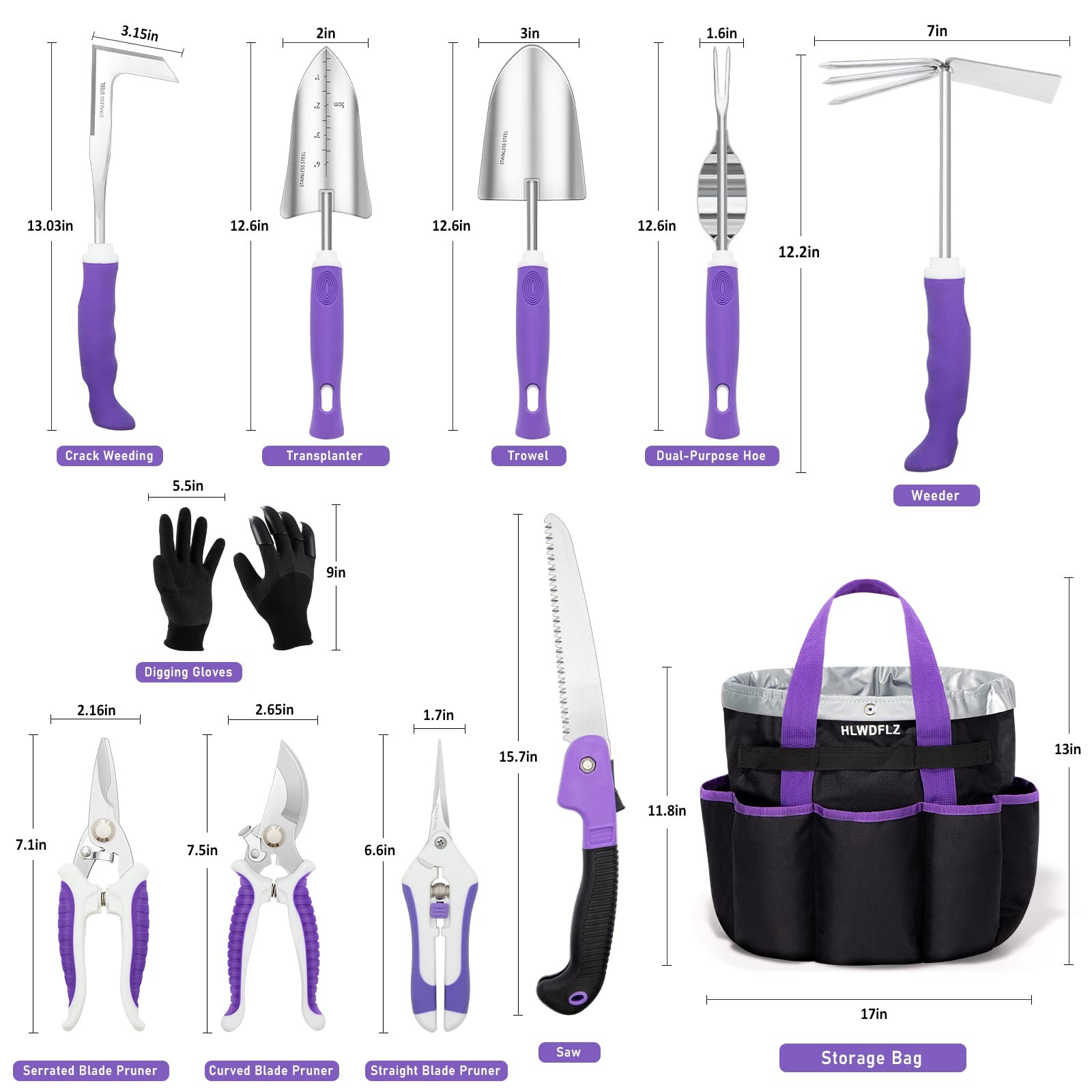 Purple Garden Tool Set – 11PCS Heavy Duty Tools with Storage Bag & Weeder