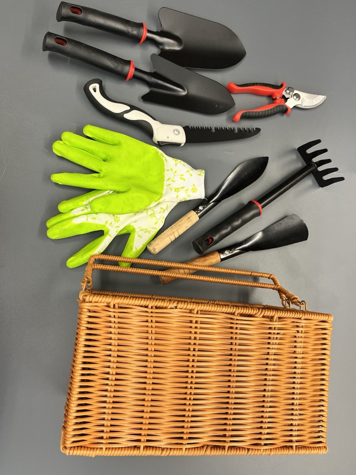 9PCS Garden Tools Set Stainless Steel Gardening Kit w Basket Gloves Pruners