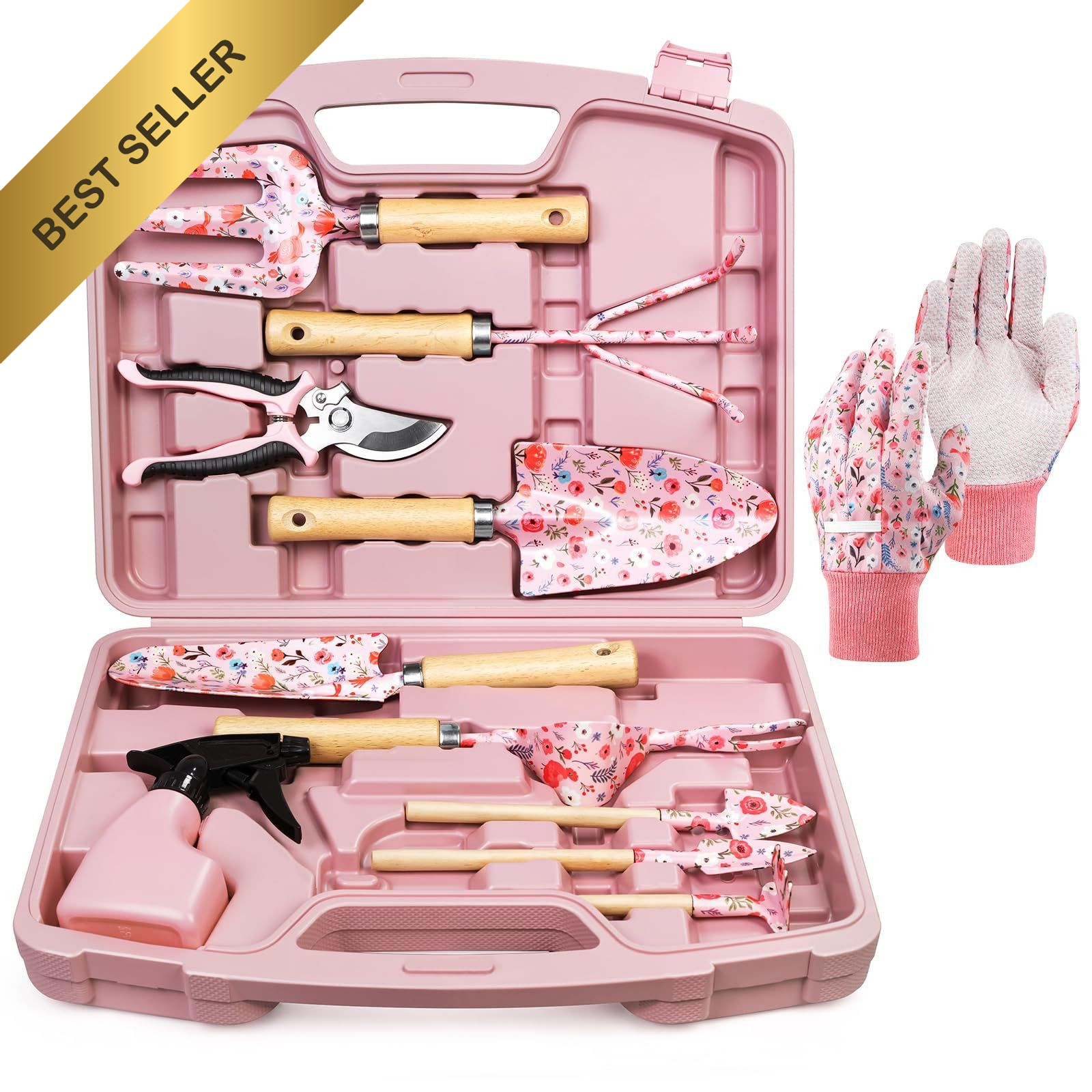 12 Piece Floral Gardening Tools Set Pink Trowel Rake Weeder Pruner Case Gift