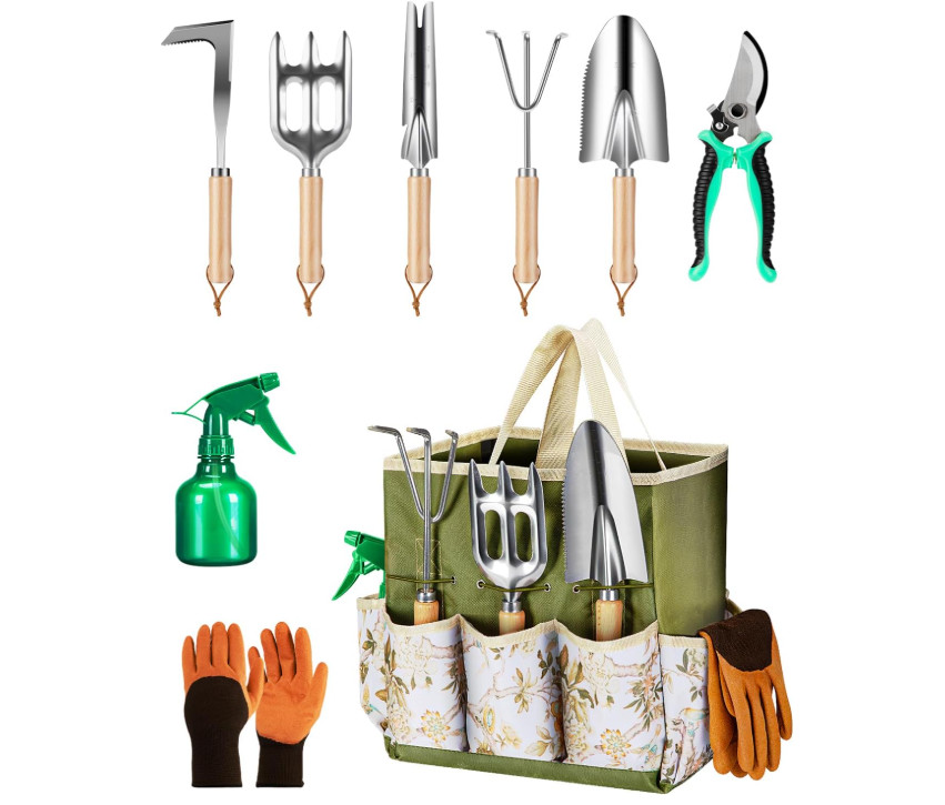 Juego jardinería 9 piezas acero inoxidable, resistente con bolso elegante (verde