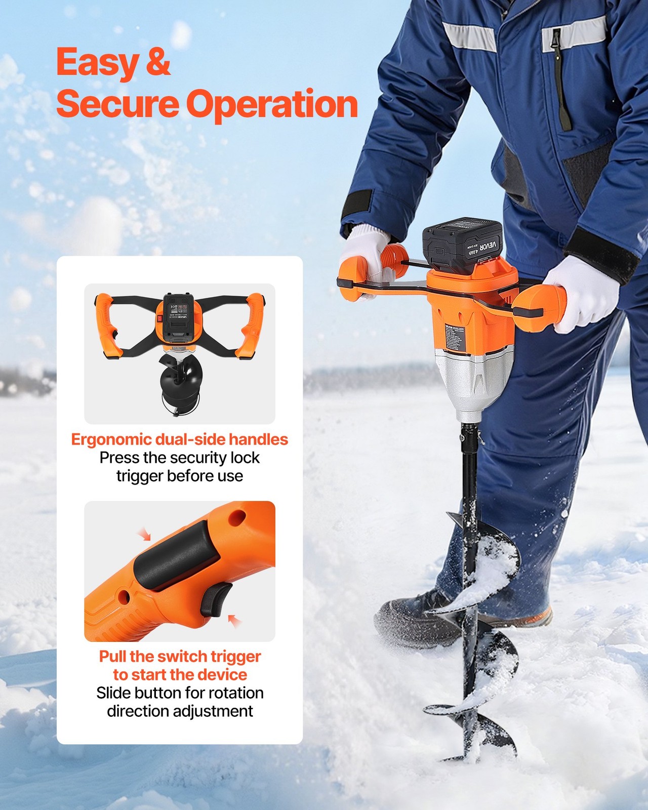 20V Electric Ice Auger, 8 inch Diameter, 2 in 1 Cordless Ice Fishing Augers and