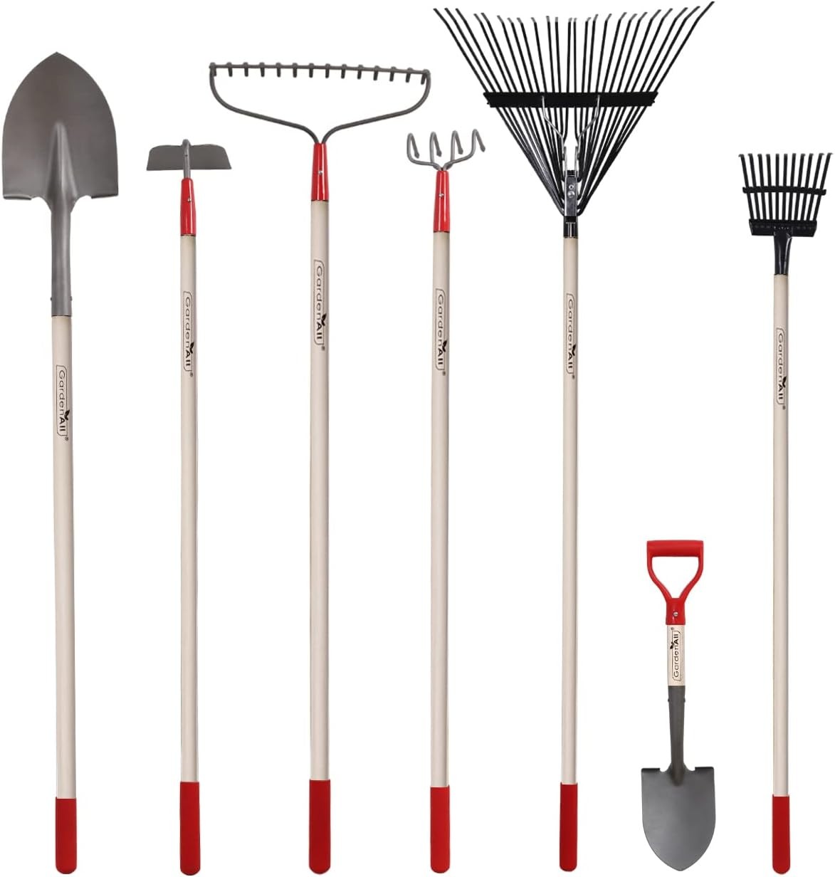 7-piece gardening tool set including shovel, rake, and hoe.