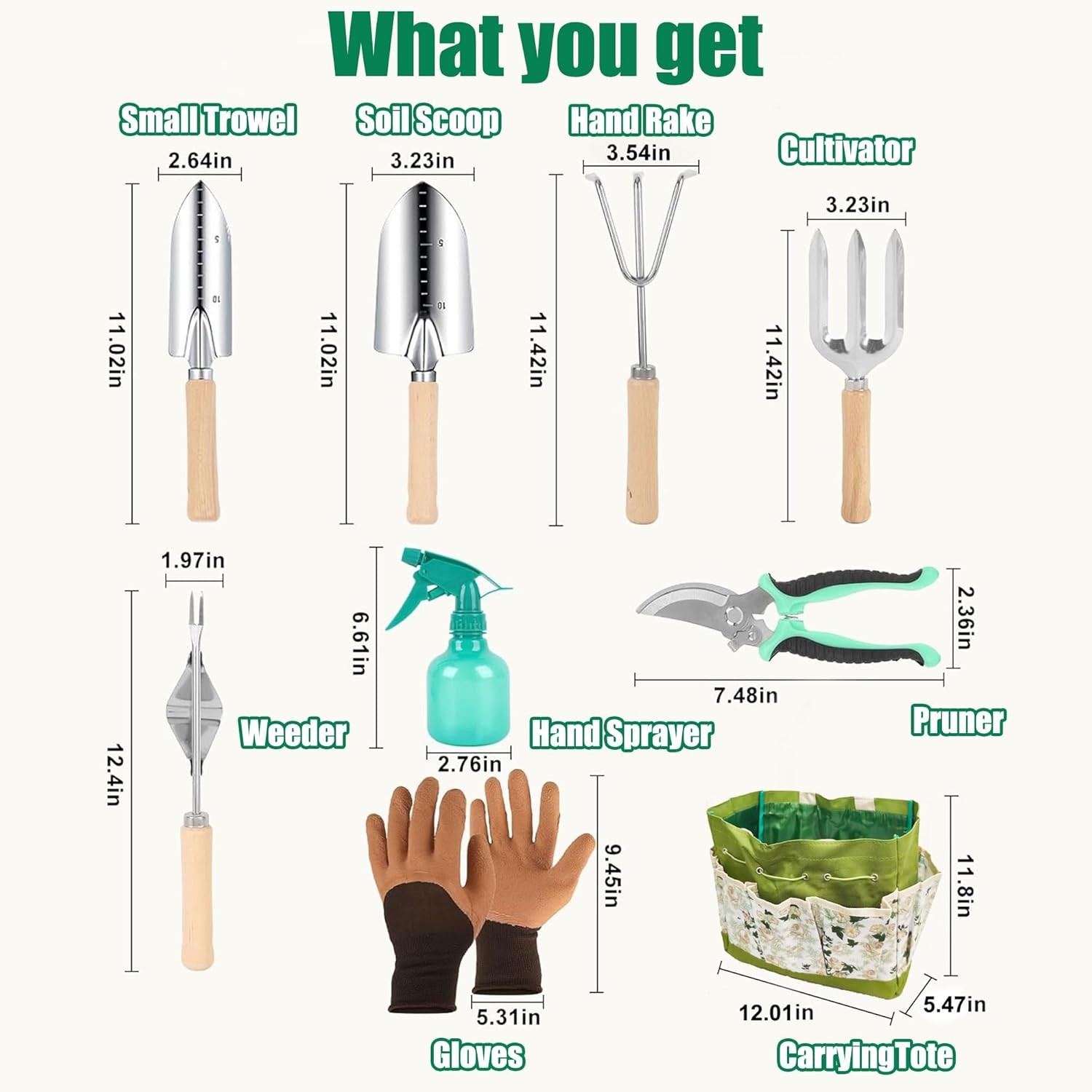 Garden Tool Set 9 Pcs Stainless Steel Heavy Duty Tools with Green Carry Bag