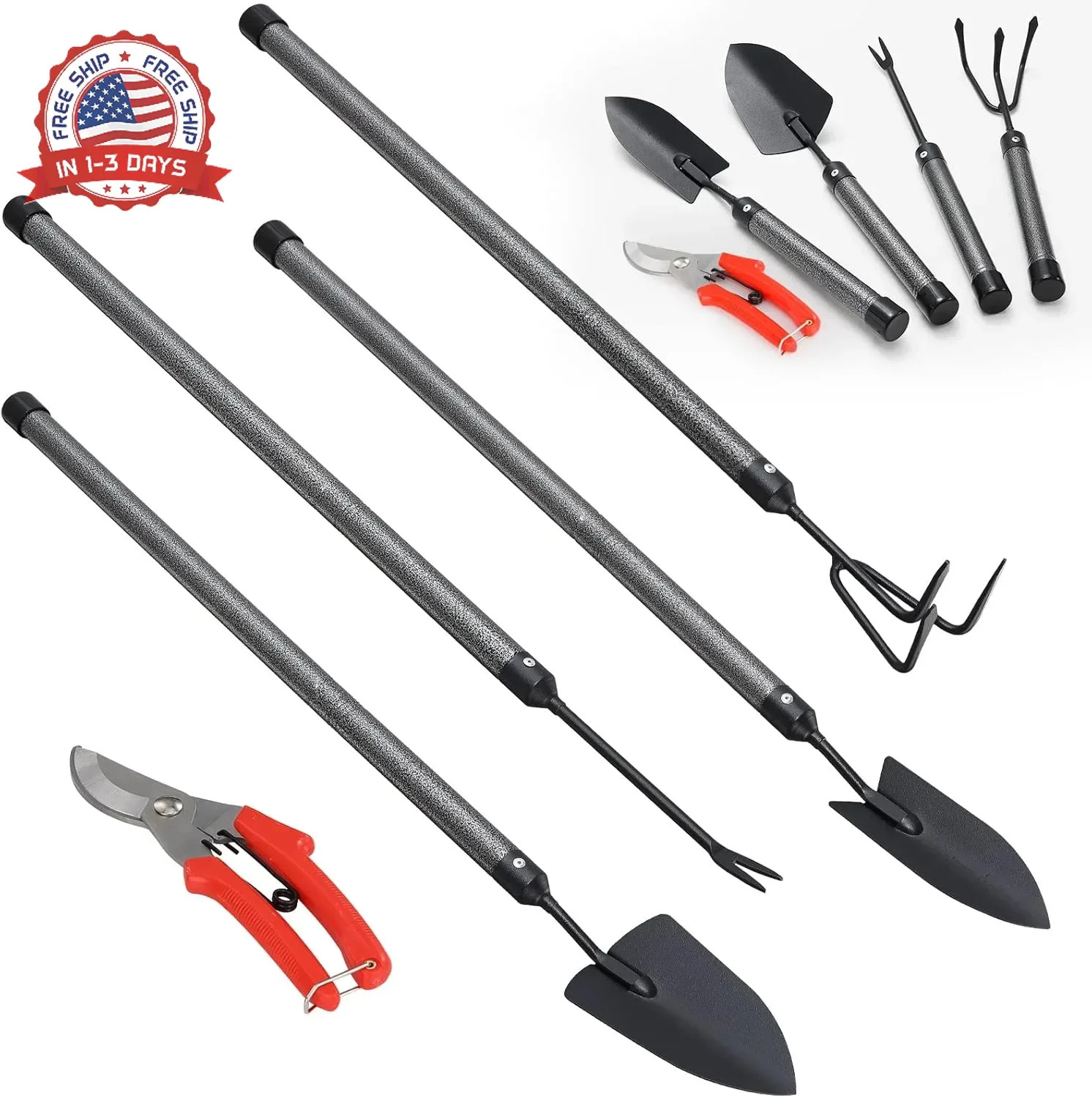 Garden Tools Set 5 Piece with Extended Handle, Heavy Duty Garden Tools Set, Idea