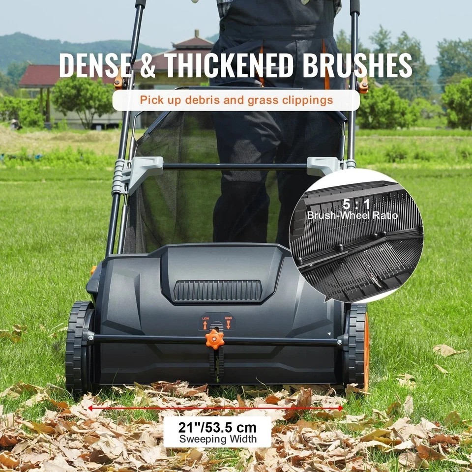 Push Lawn Sweeper, 21inch Leaf & Grass Collector, Strong Plastic Wheels & Heavy