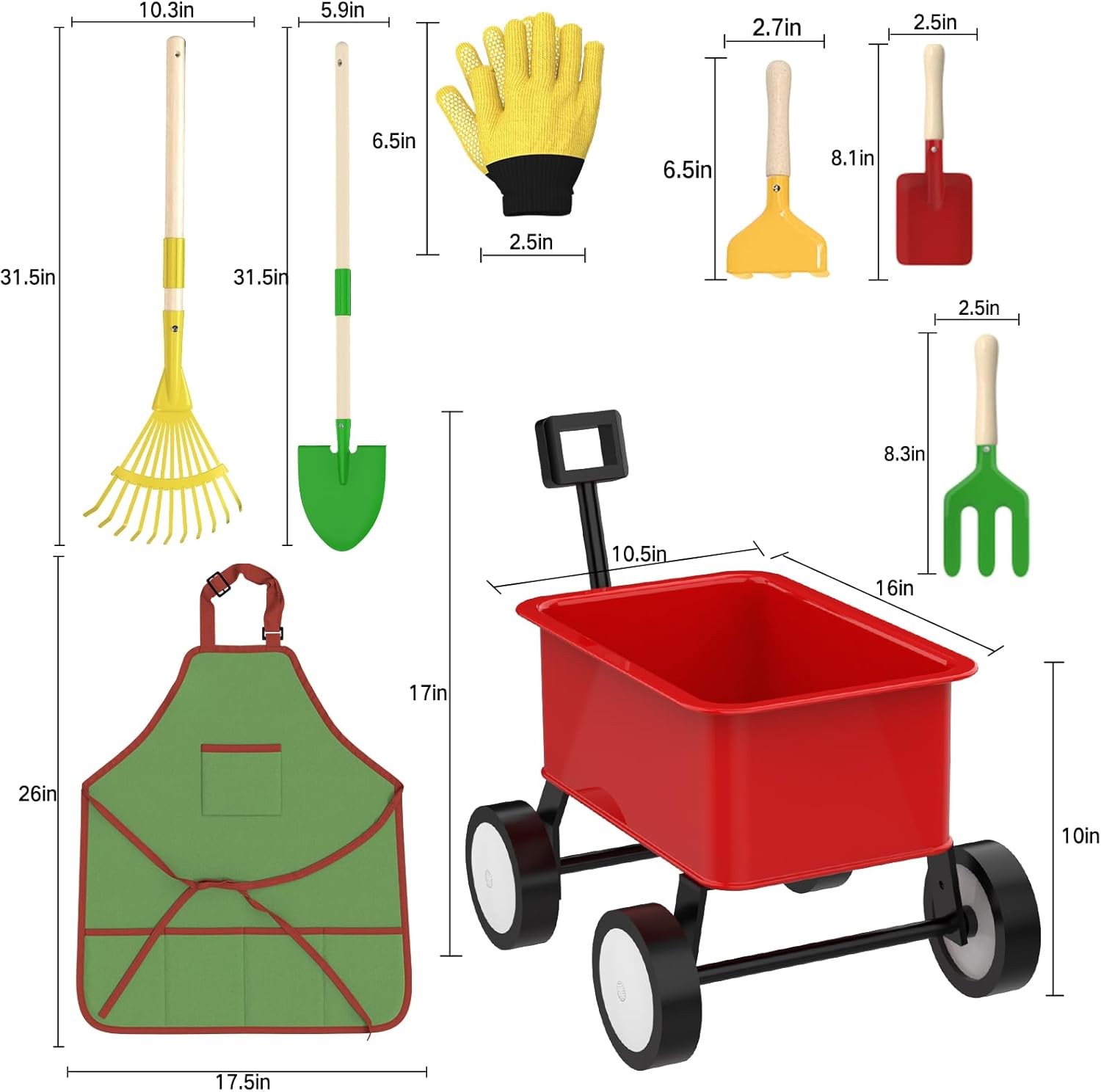 Kids Gardening Wheelbarrow Set, Metal & Wooden Garden Tools for Kids Ages 3-8, R