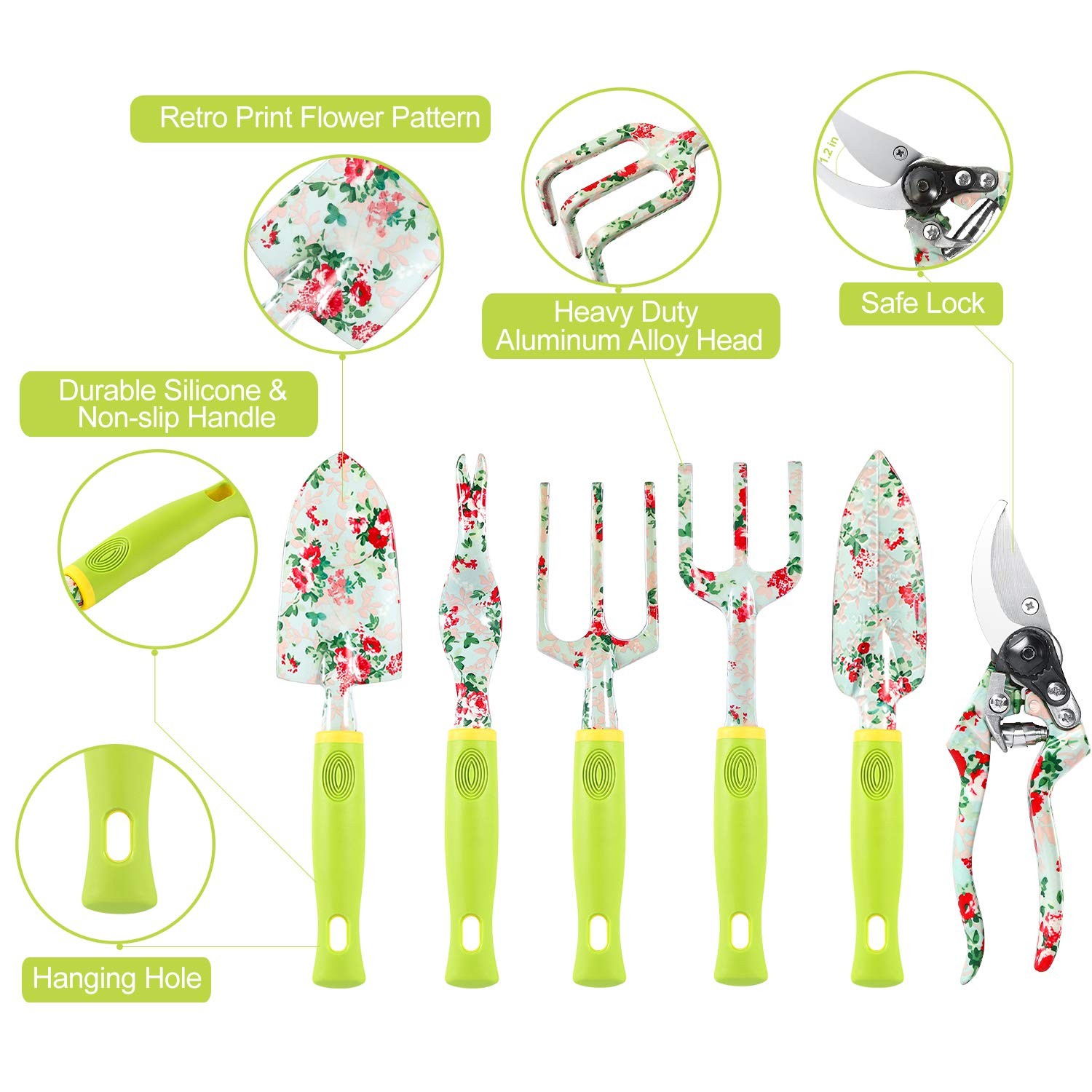 Gardening Tool Set 13 Pcs Heavy Duty Aluminum Gardening Tools Kit Floral Print G