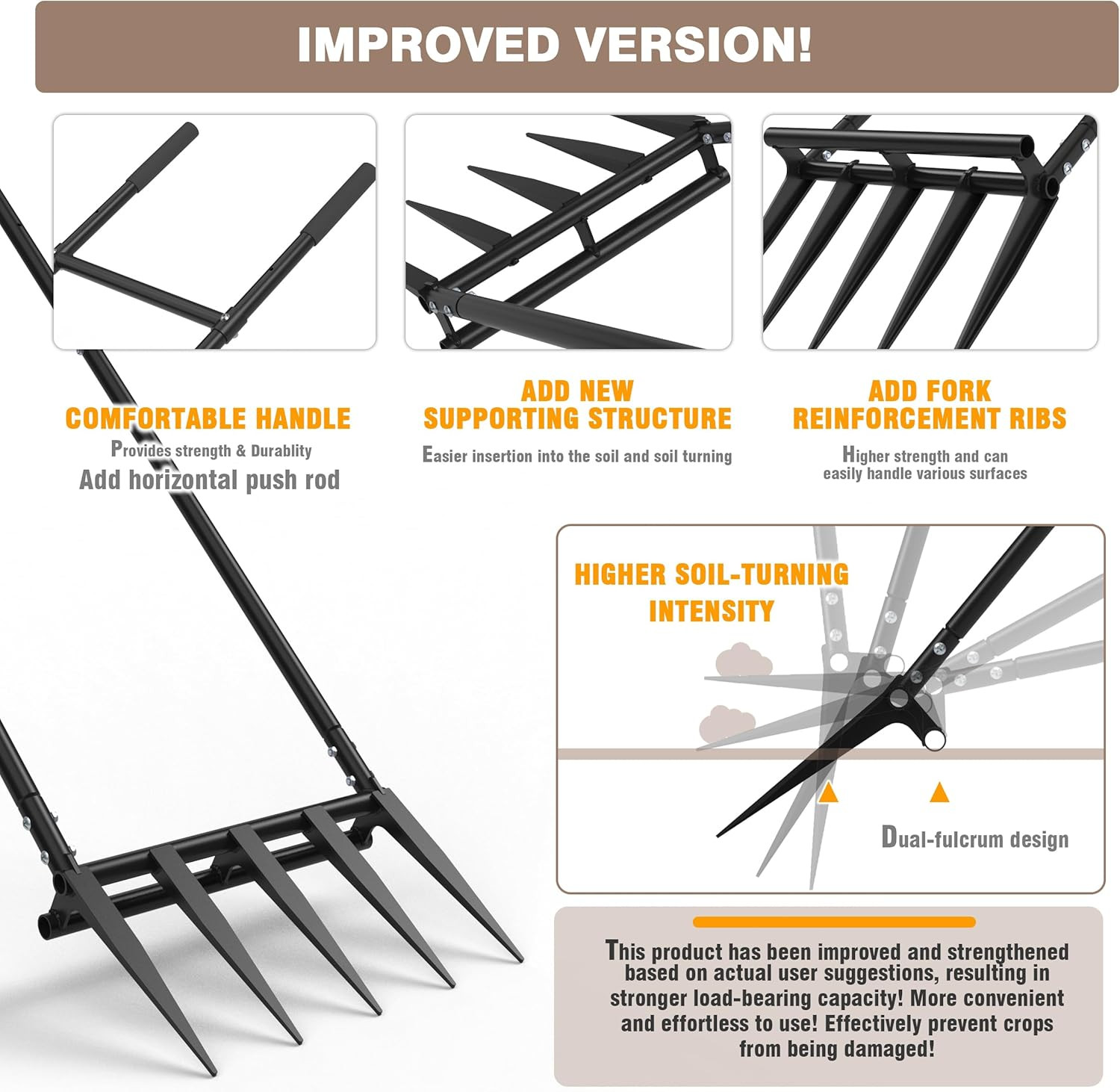 5 Steel Tines 15 in Wide Broadfork Garden Tool, 55 Inch Heigh Durable Handles, E