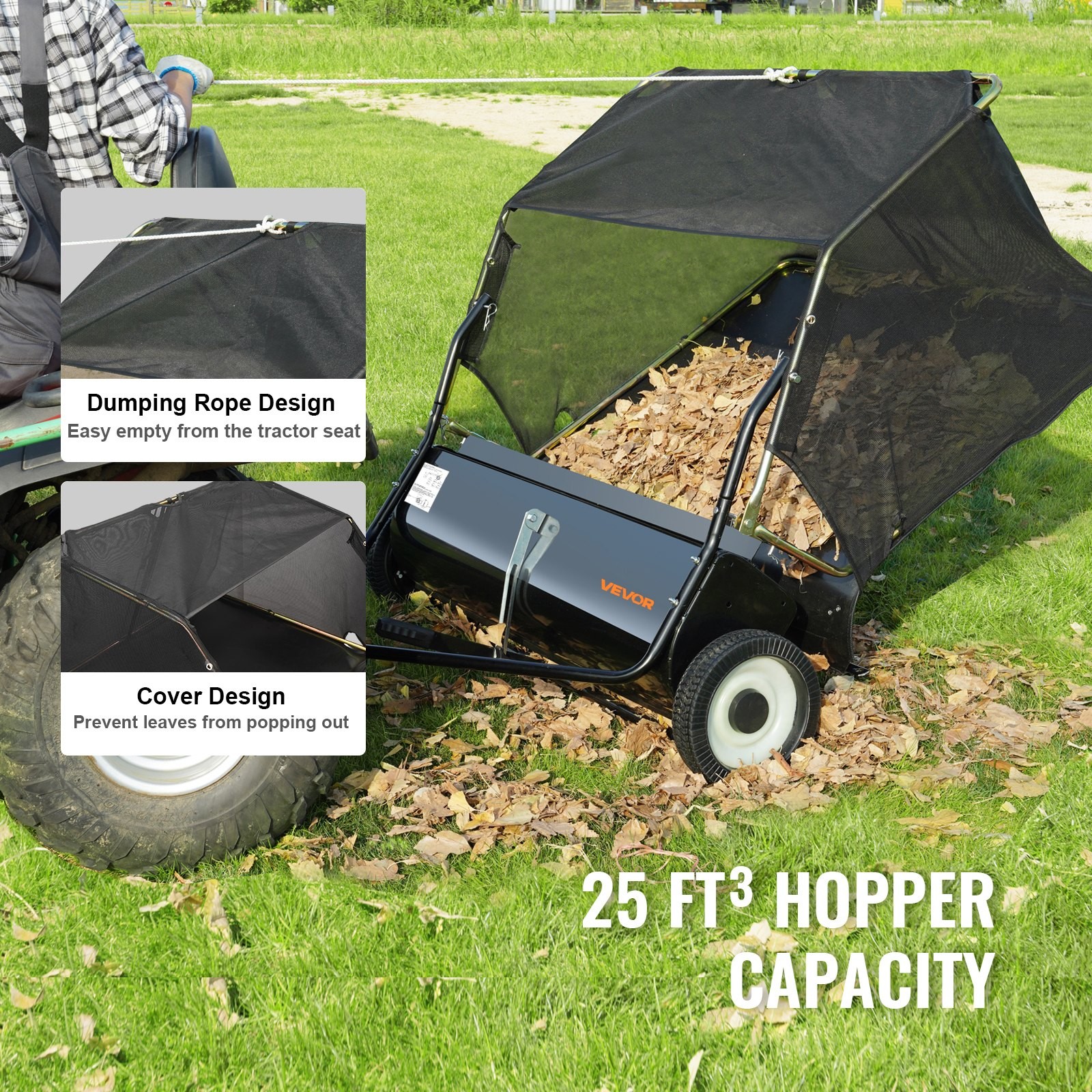 Tow Behind Lawn Sweeper, 44 in Pull Behind Lawn Sweeper, 25 cu. ft Large Capacit