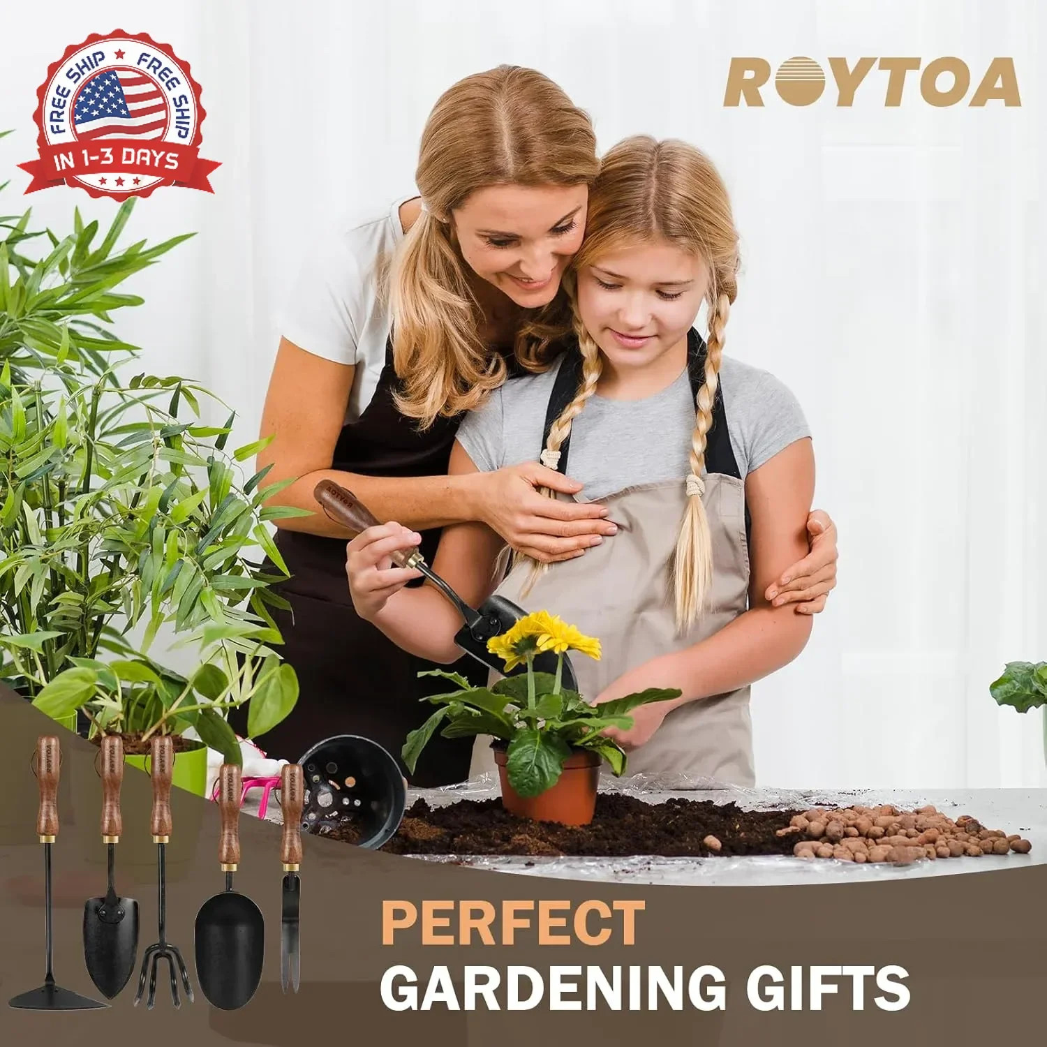 ROYTOA Garden Tool Set, 5PCS Gardening Tools, Stainless Steel Heavy Duty Hand Cu