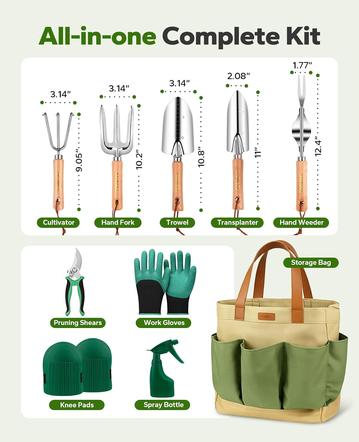 YAUNGEL 10PC Gardening Tool Set Stainless Steel Wooden Handle Garden Bag