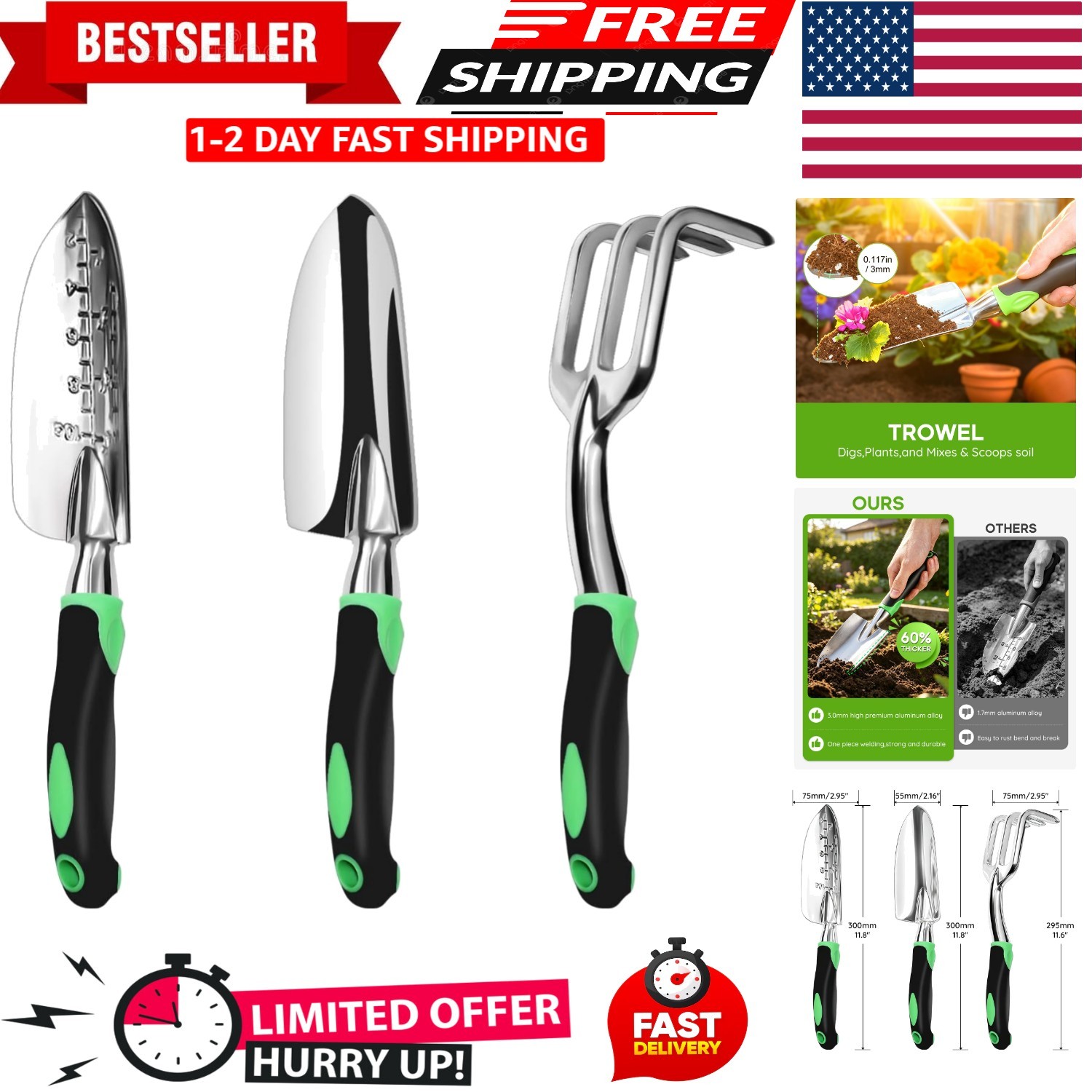 Garden Tool Set, 3 Pack Aluminum Heavy Duty Gardening Kit Includes Hand Trowe…