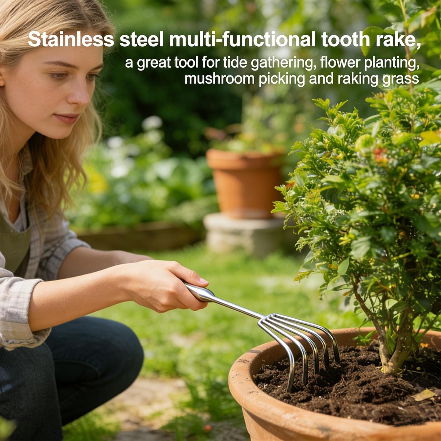 5-Tine Long-Handle Stainless Steel Small Rake – Multi-Purpose Tool Garden