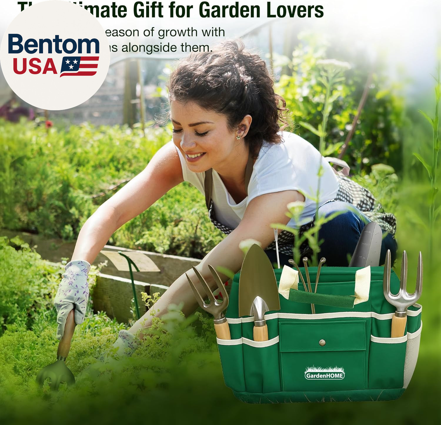 7-Piece Green Gardening Tool Set – Stainless Steel Tools with Wooden Handles, Fo