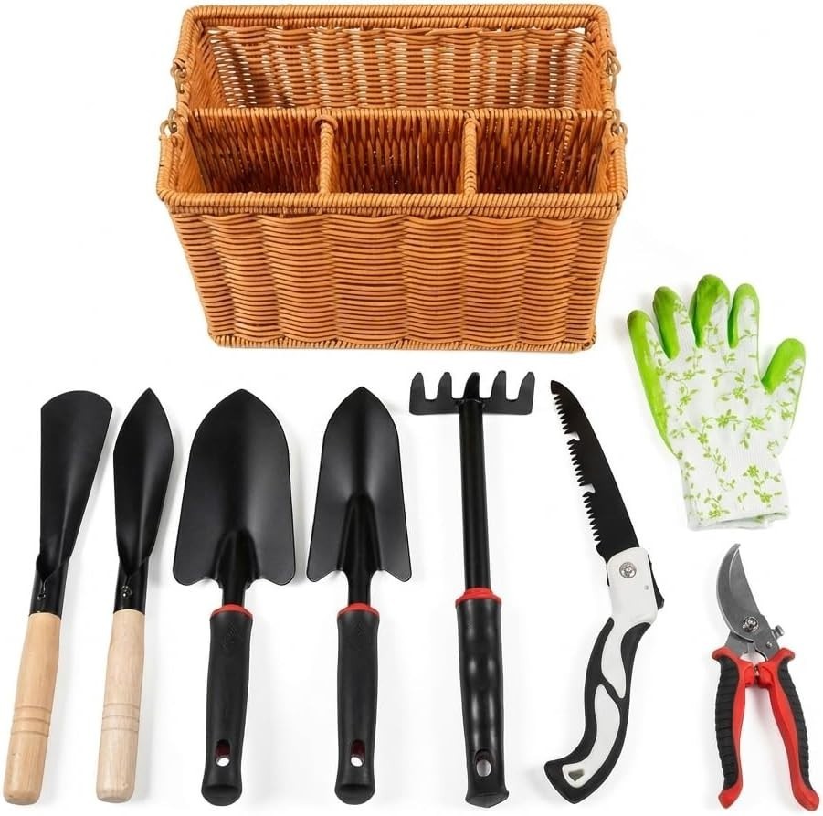 9PCS Garden Tools Set Stainless Steel Gardening Kit w Basket Gloves Pruners