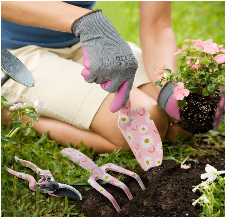 Aluminum Garden Tool Set, 4-PCS, Hand Garden Tools, Trowel, Rake, Pruner, Gloves