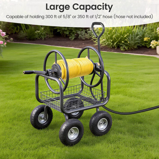 Garden Hose Reel Cart 300 Feet Large Capacity with 4 Wheels and Storage Basket-G