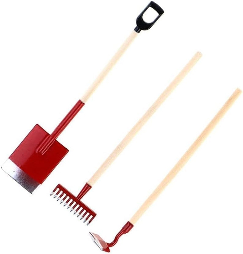 3 Pcs Red Miniature Garden Tools 1:12 Mini Shovels and Rake Farm Tools Fairy Gar