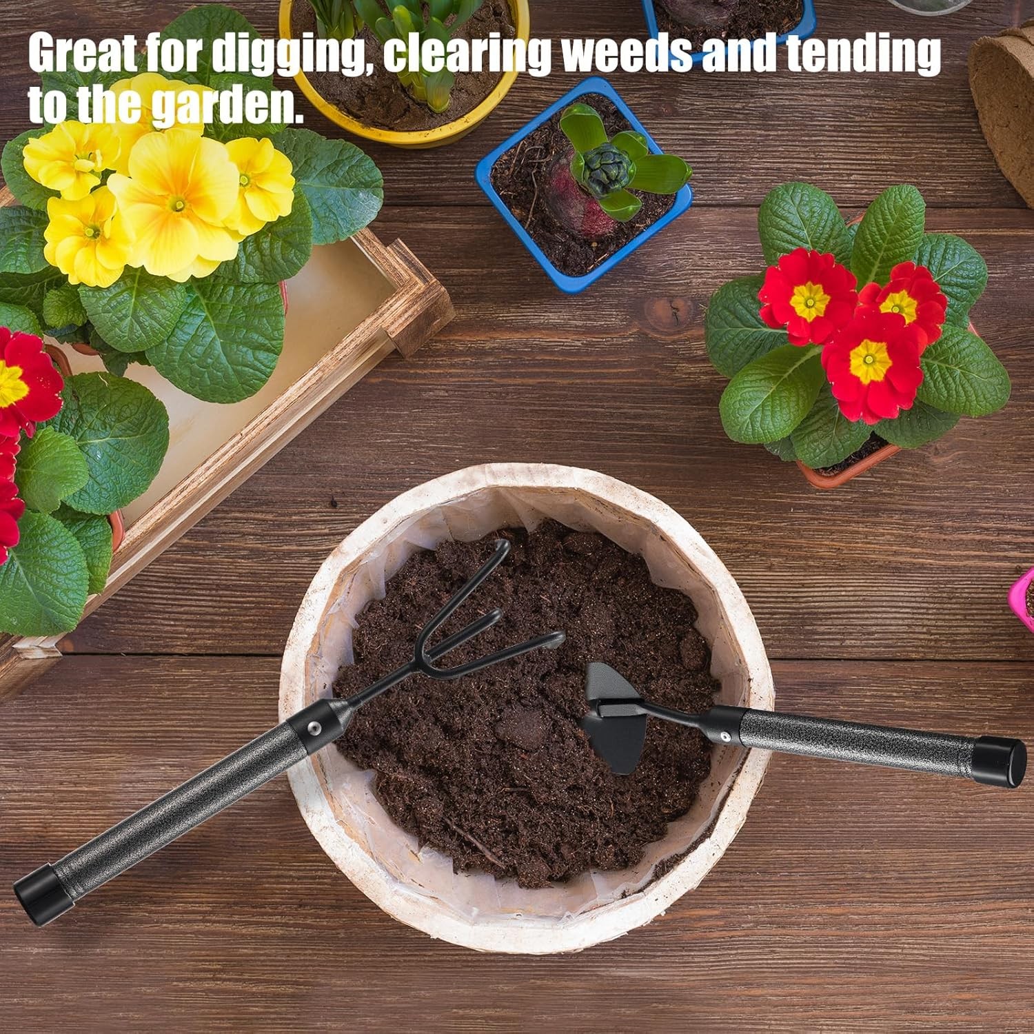 Garden Tool Set with Extended Long Handle, 5 Pcs Stainless Steel Gardening Tool