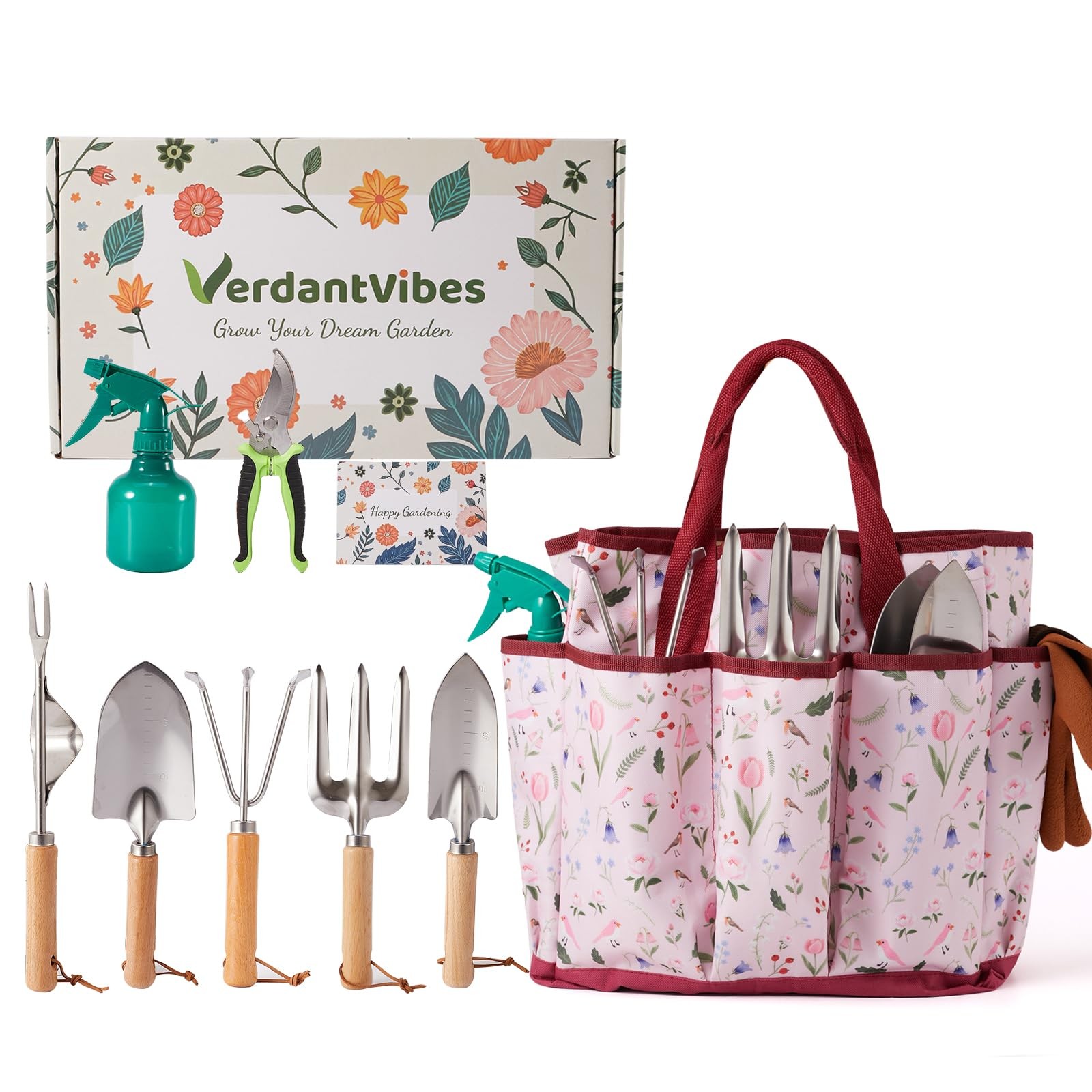 10 PCS Gardening Tools Set Stainless Steel Wood Handle Pink Floral Tote Bag