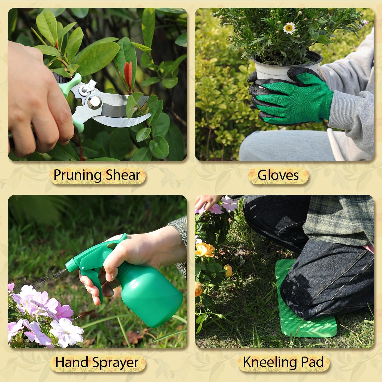 10 PCS Heavy Duty Gardening Tools Set Wooden Handle Yellow Floral Storage Bag