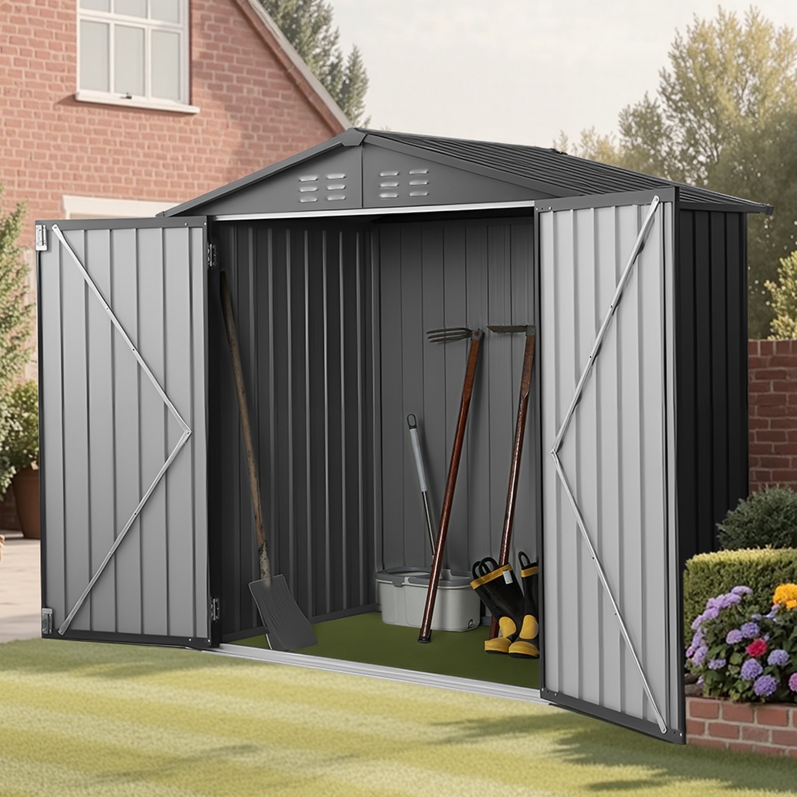 6 x 4 FT Metal Garden Shed, Outdoor Storage Shed with Lockable Doors & 4 Louver