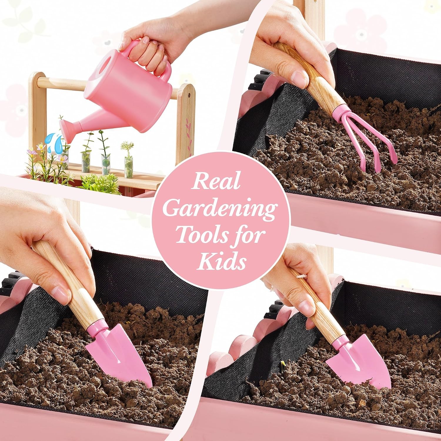 ROBUD Pink Kids Gardening Cart Set Wooden Wheelbarrow Watering Can