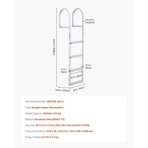 Removable Dock Ladder, 4 Steps, Aluminum Alloy Pontoon Boat Swim Ladder, with No