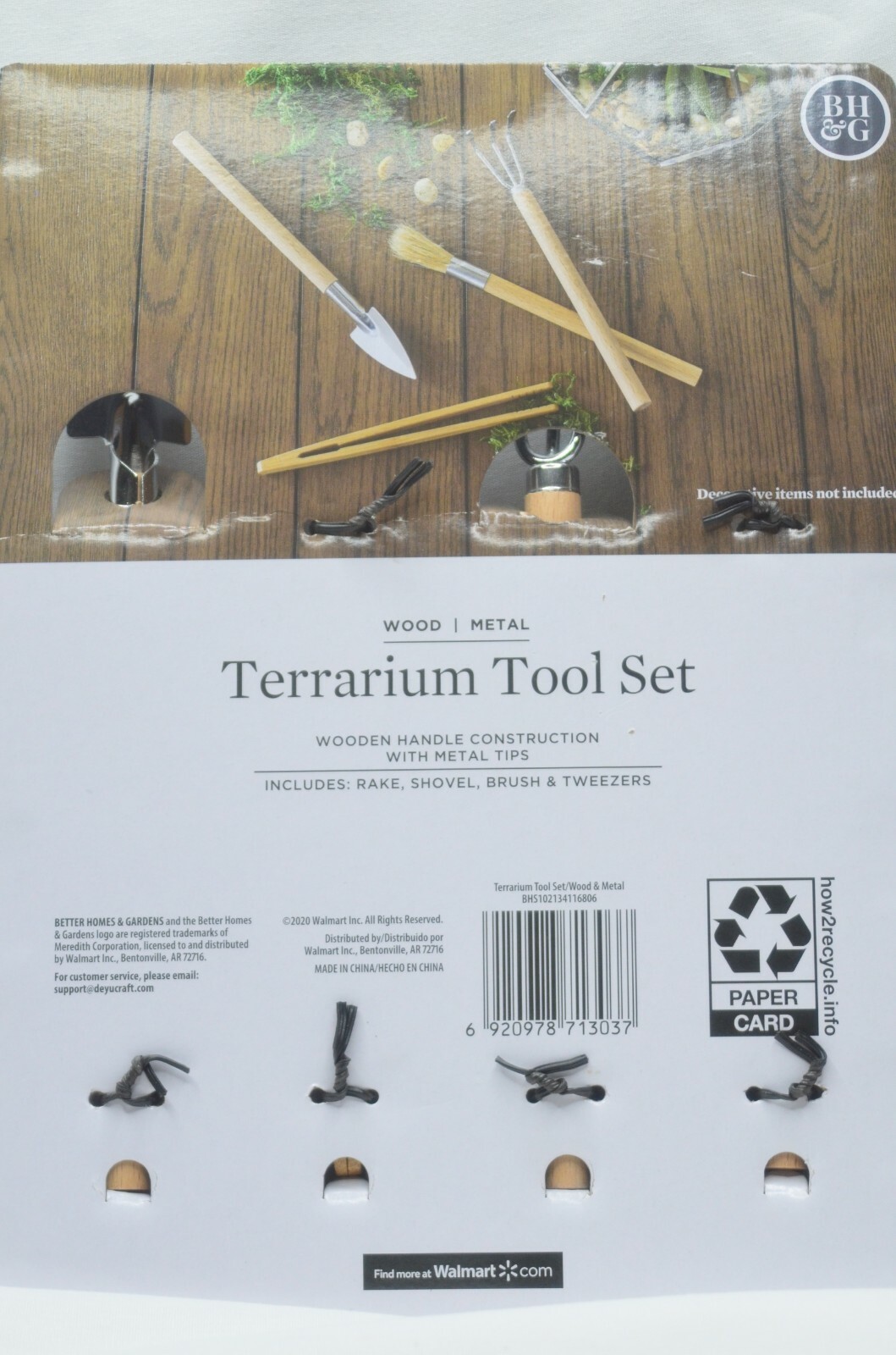 Better Homes & Gardens Terrarium Tool Set Wood Metal Rake Shovel Brush Tweezers
