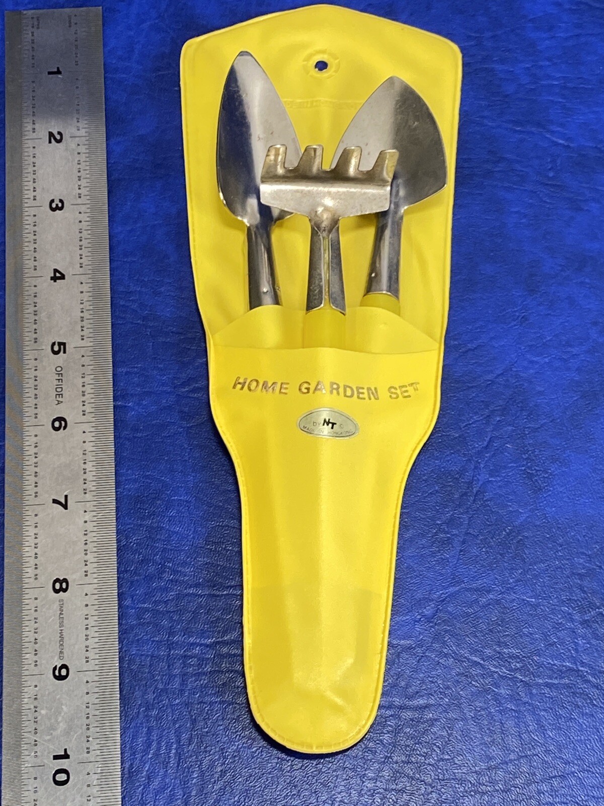 Vtg Home Gardening Set by NT 3 Piece Yellow Plastic Handle with Vinyl Holder