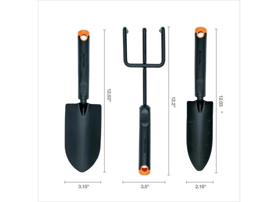 Fiskars 3-Piece Hand Garden Tools Trowel Transplanter Cultivator Rust-Resistant