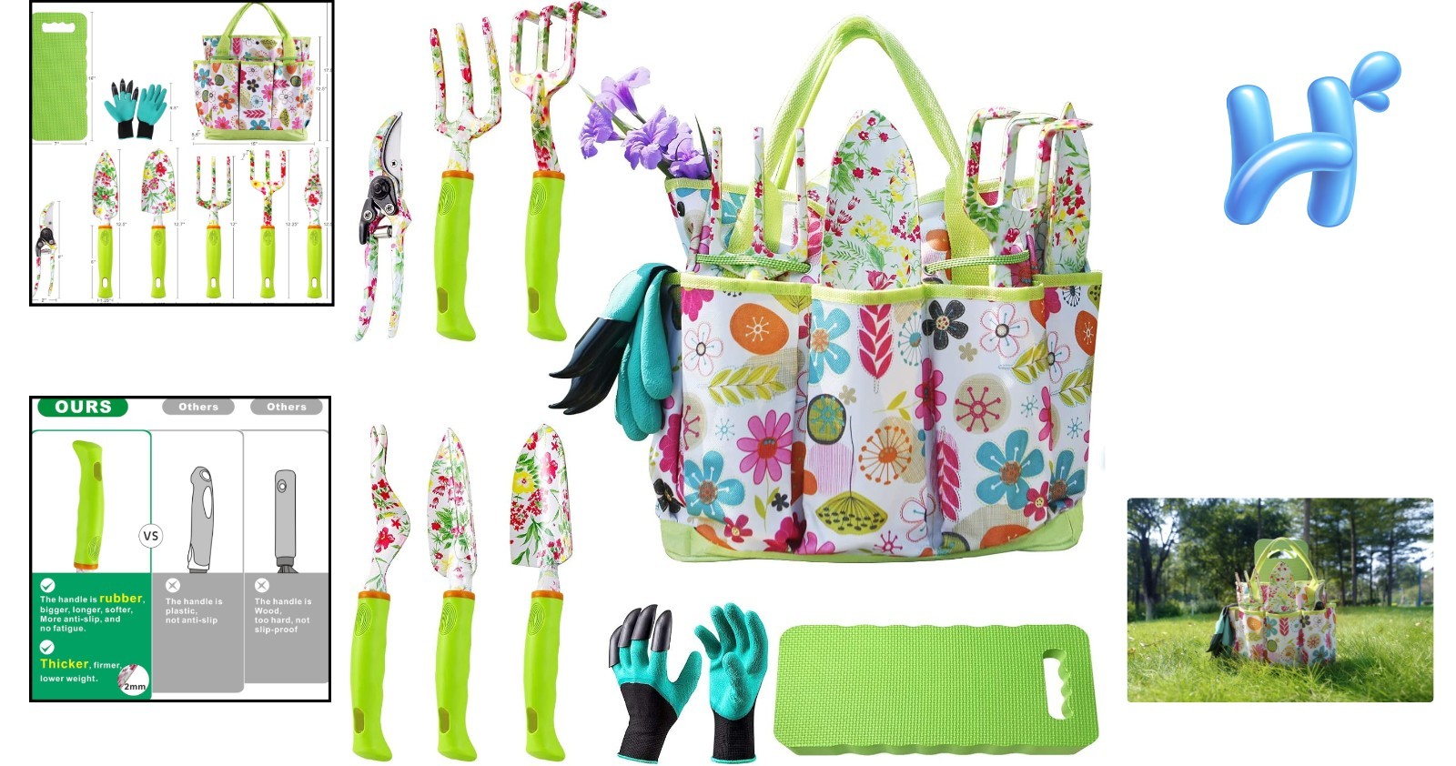 Heavy Duty Garden Tool Kit with Gloves Tote Kneeling Pad Set