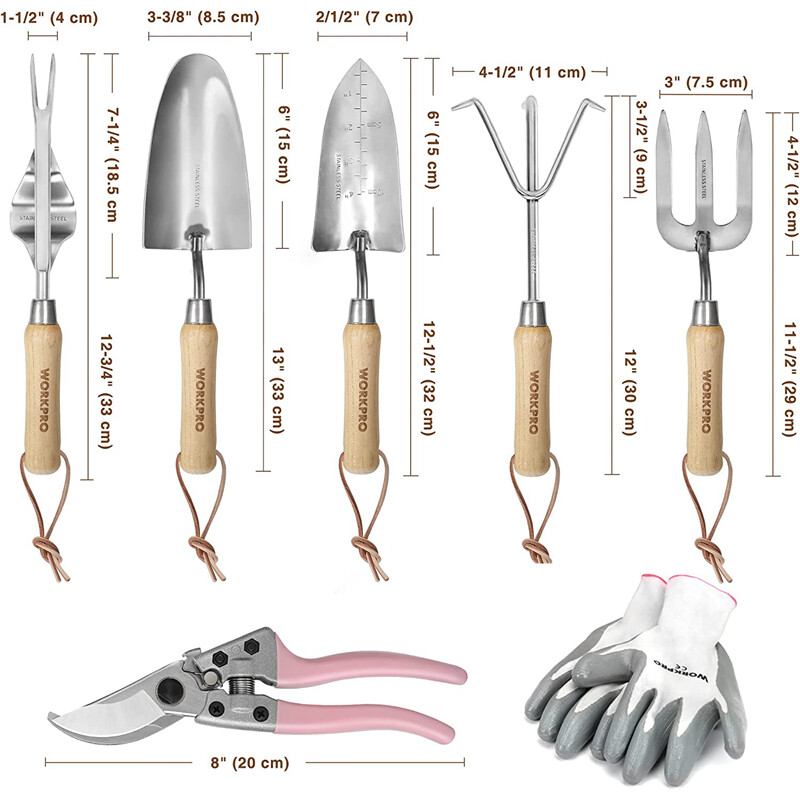 WORKPRO Pink Garden Tool Set 7PC Stainless Steel Heavy Duty Tool w/Wooden Handle
